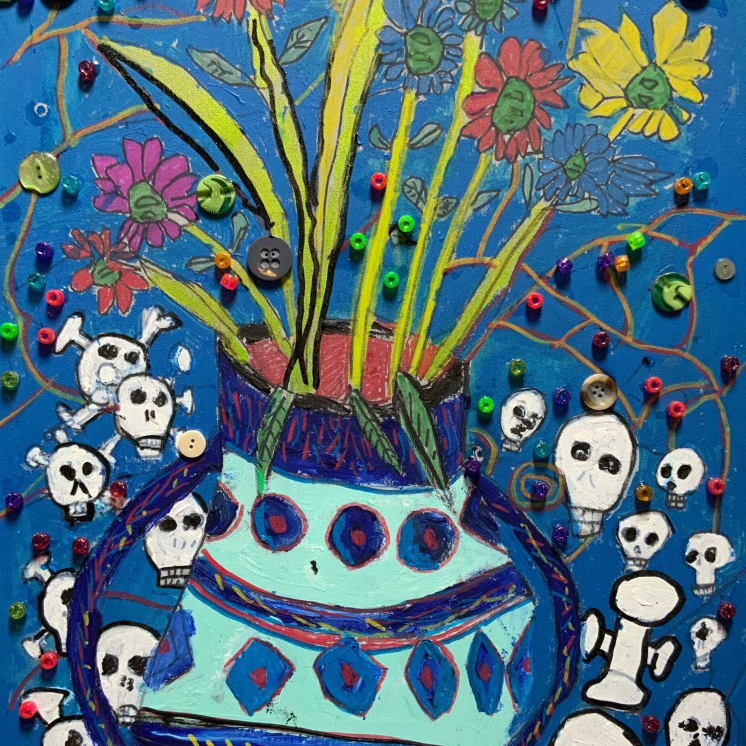 Chris Angell, Vase With Skulls, Acrylic and pen, 59x43cm,Apr22